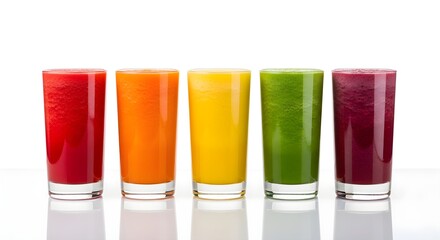 Colorful smoothies in glasses isolated on white background, healthy lifestyle