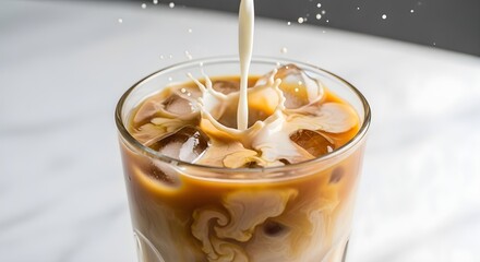 Close up of milk pouring into a glass of iced coffee with ice cubes