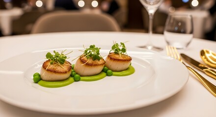 Close up of seared scallops with pea puree and microgreens on a white plate