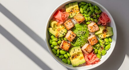Overhead shot of a salmon poke bowl with avocado, edamame, and pickled ginger