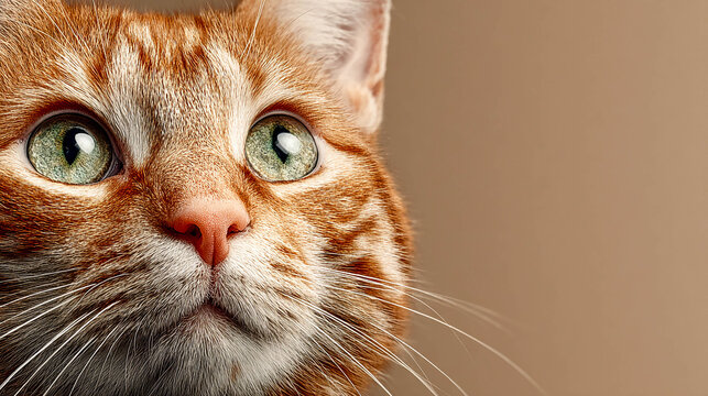 Close-up of a ginger cat with green eyes on a beige background.
