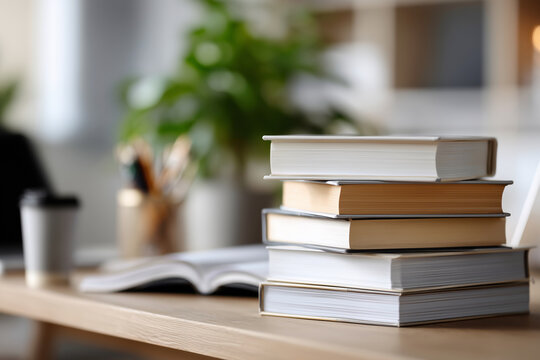 A stack of books on a table with a cup of coffee next to them