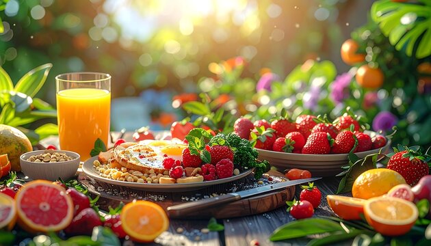 Bright, summery outdoor breakfast scene, fresh fruits, juice, and pancakes on a weathered wooden table under sunny skies