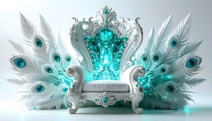 Luxurious white royal chair with peacock feather carvings high resolution image