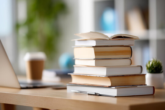 A stack of books on a desk with a laptop and a cup of coffee - Powered by Adobe