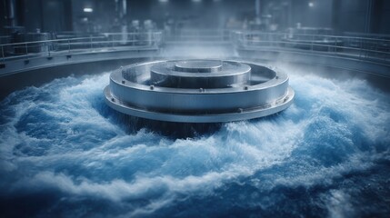 Powerful water turbine generating energy in a hydroelectric power station on a misty morning