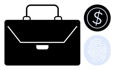 Black briefcase, dollar coin, and fingerprint suggesting finance security, identity, and business transactions. Ideal for banking, finance, authentication, security business fintech data
