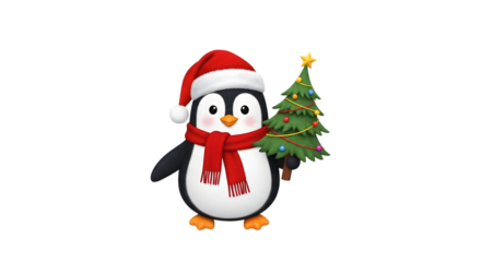 Cute christmas penguin holding a decorated tree isolated on transparent background