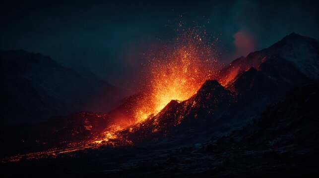 Volcanic eruption produces fiery lava flow with dramatic ash clouds in a nighttime landscape - Powered by Adobe