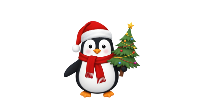 Cute christmas penguin holding a decorated tree isolated on transparent background