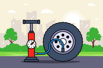 Red car tire pump. Flat illustration.