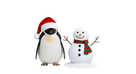 Christmas penguin and snowman figures isolated on transparent background