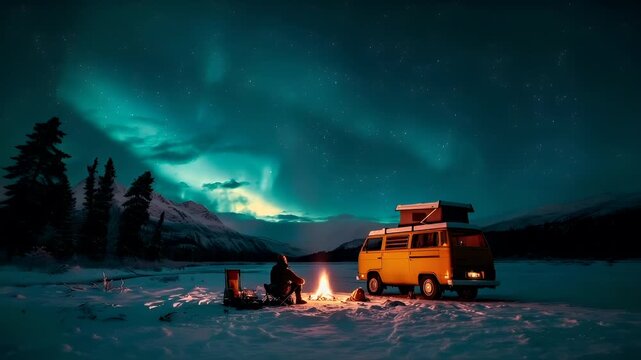 Aurora Borealis over a snowy landscape with a vintage van parked beside a campfire. The van is illuminated in a warm orange hue, contrasting with the cool blue and green hues of the aurora borealis.