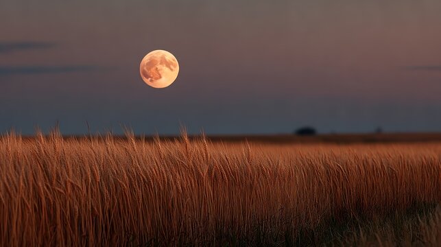 Full moon rises over golden wheat field at dusk, creating a serene landscape in the countryside