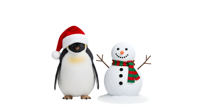 Christmas penguin and snowman figures isolated on transparent background