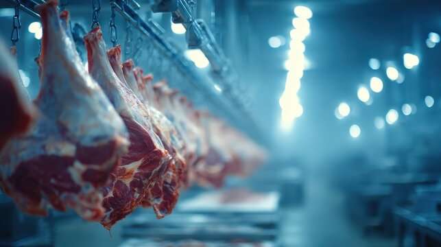 Industrial Meat Processing Line with Suspended Cuts in Clean Environment