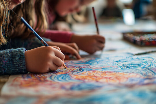 A group of children are drawing on a piece of paper