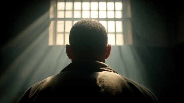 Man standing in a dark room with light streaming through a barred window creates a dramatic atmosphere of confinement