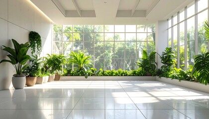 Bright, airy atrium with large windows, potted plants, and white tile floor reflecting sunlight