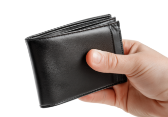 Man’s hand holding a sleek black wallet in a gesture of showing or presenting it in a well-lit environment Generative AI