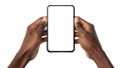 Dark skinned hands holding a modern smartphone with a blank white screen in landscape orientation, cutout, PNG isolated on transparent background