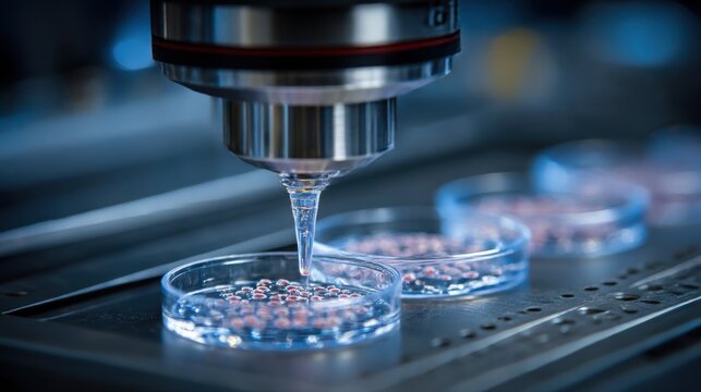 Microscope analyzing samples in a laboratory setting with petri dishes at focus during daylight hours