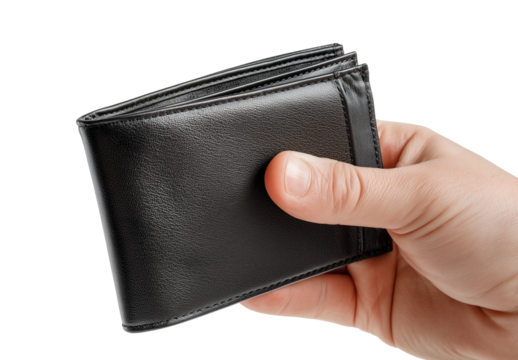 Man’s hand holding a sleek black wallet in a gesture of showing or presenting it in a well-lit environment Generative AI
