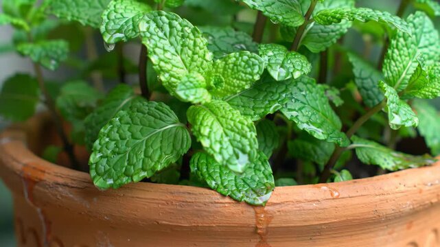 Close-up of potted mint plant, with water droplets on leaves, for culinary or medicinal use