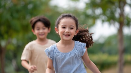 Two Children Running and Laughing in Park