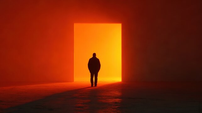 Mysterious silhouette stands before a glowing doorway in a dimly lit space during twilight hours - Powered by Adobe