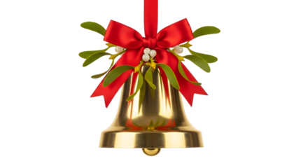Golden christmas bell with red bow isolated on transparent background