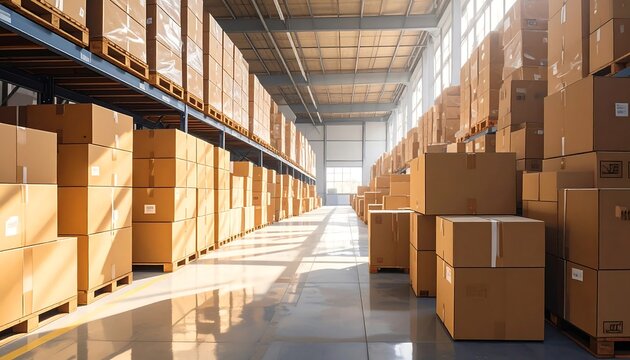 A warehouse aisle view filled with cardboard boxes stacked on shelves, illuminated by sunlight streaming in