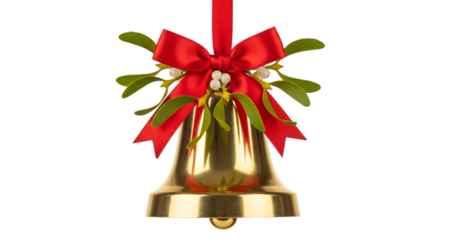 Golden christmas bell with red bow isolated on transparent background