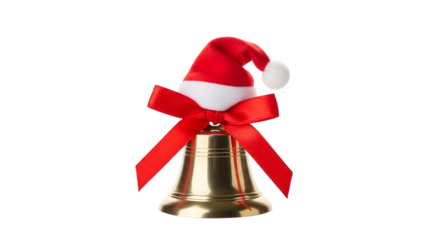 Golden christmas bell with santa hat and red ribbon isolated on transparent background