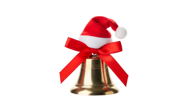Golden christmas bell with santa hat and red ribbon isolated on transparent background - Powered by Adobe