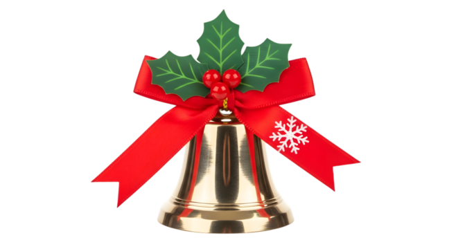 Golden christmas bell with red bow and holly isolated on transparent background