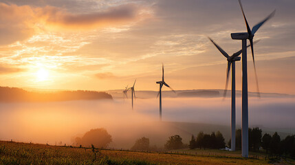 Obraz premium Wind turbines emerging from morning mist near peaceful village, sustainable energy, serene landscape, balanced composition, eco-friendly concept, calm stock image