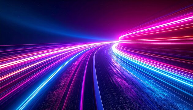 Abstract glowing light trails of pink and blue against dark background, creating dynamic perspective and motion