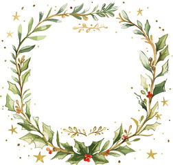Elegant watercolor Christmas frame made of holly leaves, golden branches, red berries, and stars forming a festive square borde