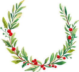 Festive watercolor Christmas wreath in a half-circle shape, decorated with green leaves, red berries