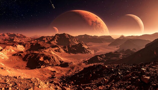 A desolate red planet landscape with large moons overhead, under a starry sky, suggesting a distant world