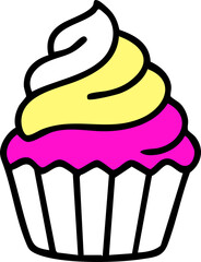 Bright cartoon cupcake with white, yellow, and pink frosting, drawn in a bold playful style perfect for festive or sweet-themed designs.