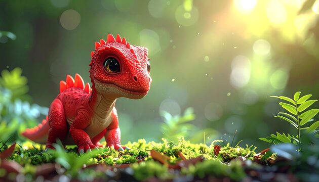 Adorable red baby dinosaur with spiky back, perched in lush green foliage under a sun-drenched canopy - Powered by Adobe