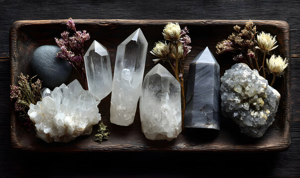 clear quartz crystals set. Crystals Layout, gemstones Ritual. Healing minerals for Chakra Relaxation, Wiccan Witchcraft. life balance, esoteric, spiritual practice concept - Powered by Adobe