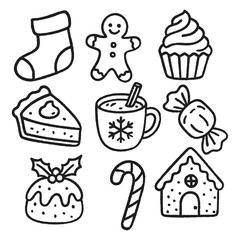 Set of hand-drawn black outline Christmas icons including sweets, gingerbread, cupcake, mug, candy cane, stocking, pie, pudding, and gingerbread house in doodle style.