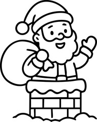 Outline drawing of Santa Claus waving cheerfully while holding a gift bag and standing in a snow-covered chimney.