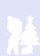 Silhouette of a child decorating a Christmas tree with a star on top and presents underneath, set against a pastel winter background.
