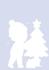 Silhouette of a child decorating a Christmas tree with a star on top and presents underneath, set against a pastel winter background.