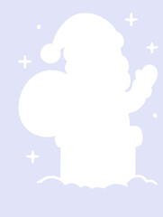 Silhouette of Santa Claus standing in a chimney with a sack of gifts, surrounded by snowflakes and stars on a soft pastel background.