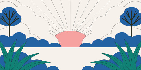 Abstract Sunrise or Sunset with Stylized Trees and Clouds